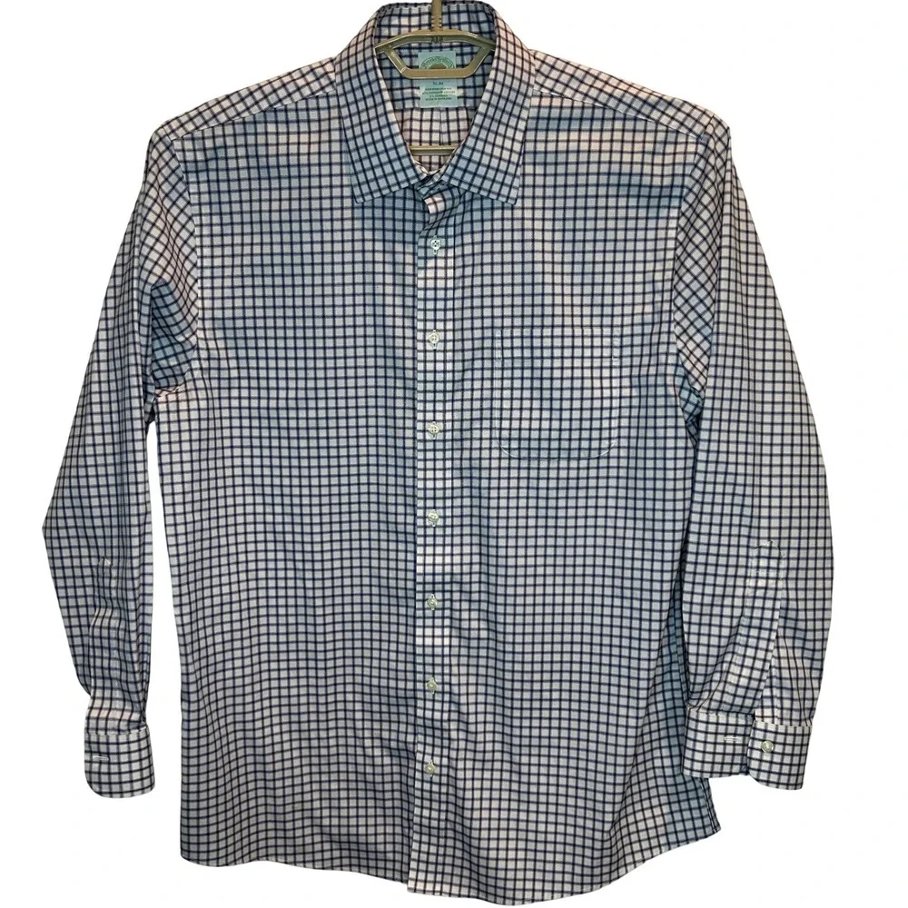Brooks Brothers Dress Shirt‎ 16.5 33 Men's White Navy Slim Fit Non-Iron Stretch